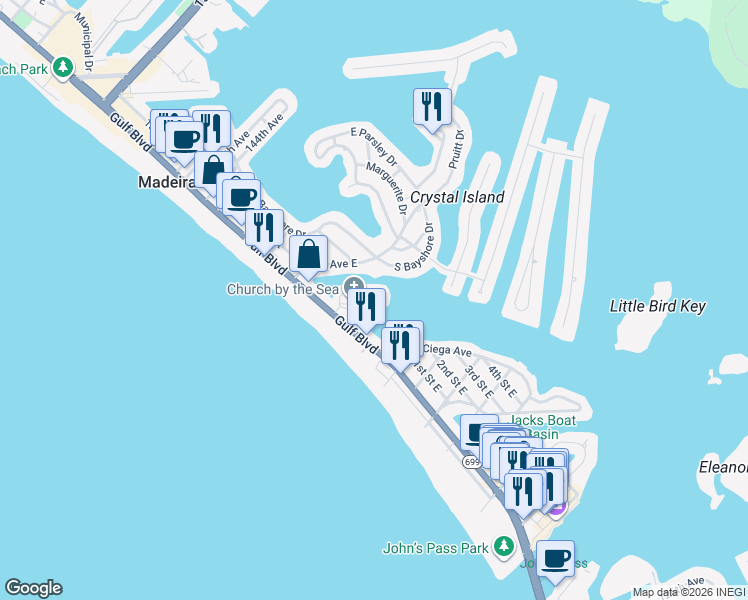 map of restaurants, bars, coffee shops, grocery stores, and more near 433 137th Avenue Circle in Madeira Beach