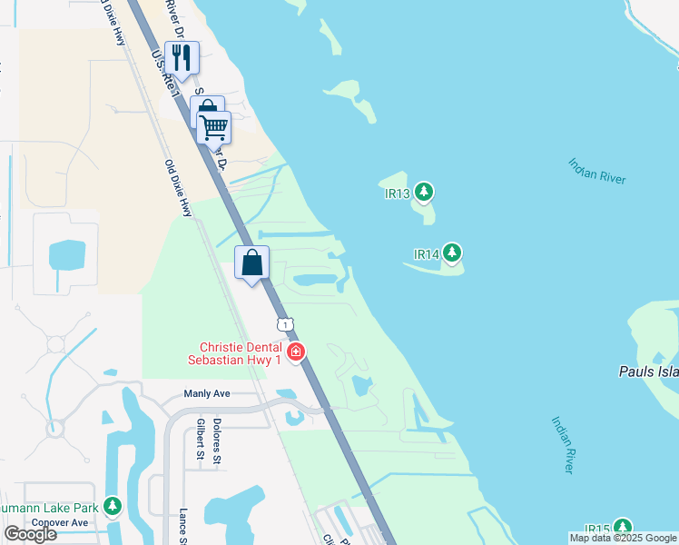 map of restaurants, bars, coffee shops, grocery stores, and more near 5944 River Run Drive in Sebastian
