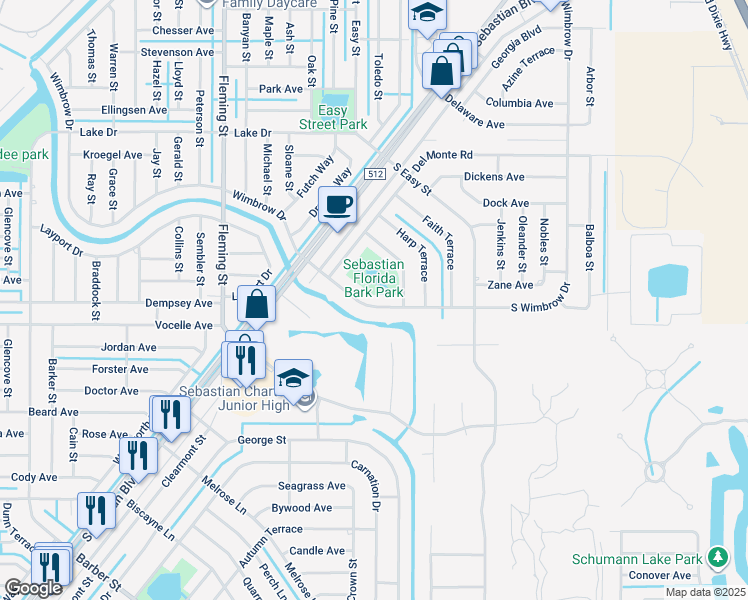 map of restaurants, bars, coffee shops, grocery stores, and more near 318 South Wimbrow Drive in Sebastian