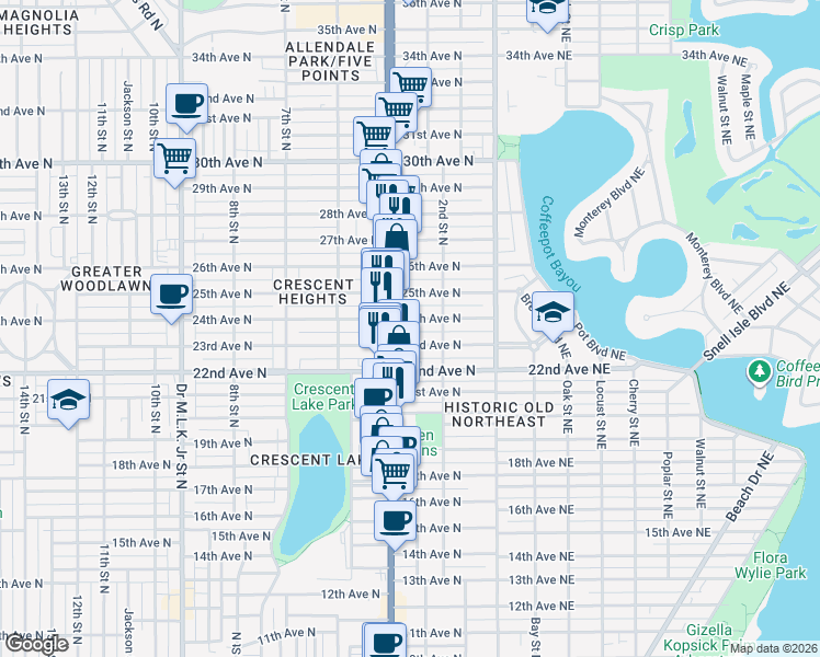 map of restaurants, bars, coffee shops, grocery stores, and more near 320 24th Avenue North in St. Petersburg