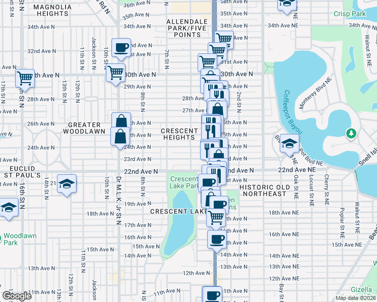 map of restaurants, bars, coffee shops, grocery stores, and more near 2320 5th Street North in St. Petersburg