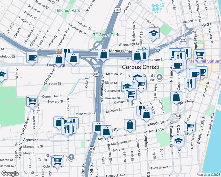 map of restaurants, bars, coffee shops, grocery stores, and more near 1510 Comanche Street in Corpus Christi