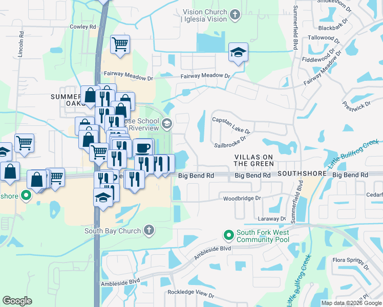 map of restaurants, bars, coffee shops, grocery stores, and more near 13119 Fennway Ridge Drive in Riverview