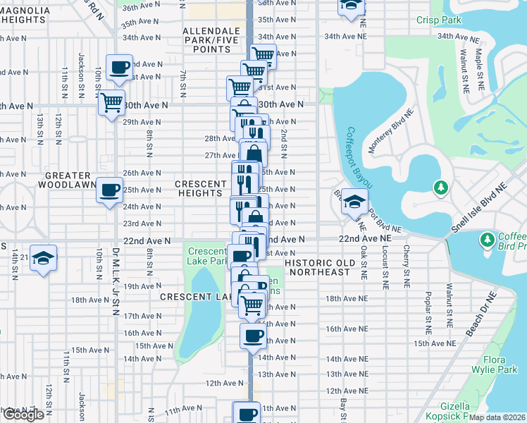 map of restaurants, bars, coffee shops, grocery stores, and more near 320 24th Avenue North in St. Petersburg