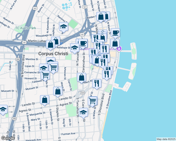 map of restaurants, bars, coffee shops, grocery stores, and more near 411 North Upper Broadway in Corpus Christi