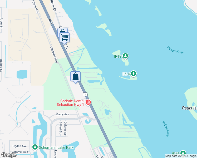 map of restaurants, bars, coffee shops, grocery stores, and more near 6039 River Run Drive in Sebastian
