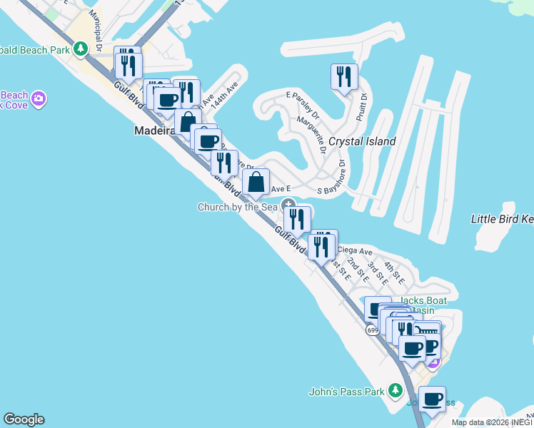 map of restaurants, bars, coffee shops, grocery stores, and more near 13701 Gulf Boulevard in Madeira Beach