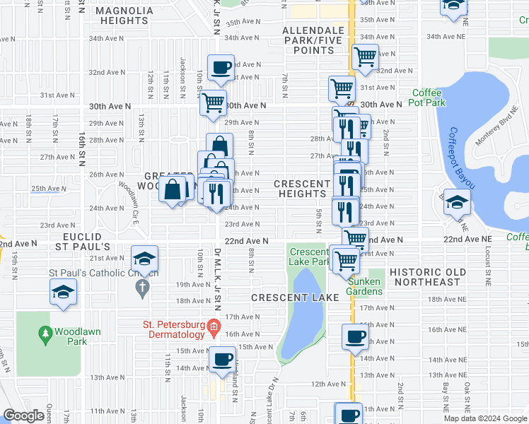 map of restaurants, bars, coffee shops, grocery stores, and more near 760 24th Avenue North in St. Petersburg