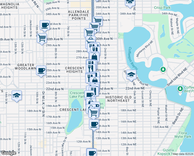 map of restaurants, bars, coffee shops, grocery stores, and more near 320 24th Avenue North in St. Petersburg