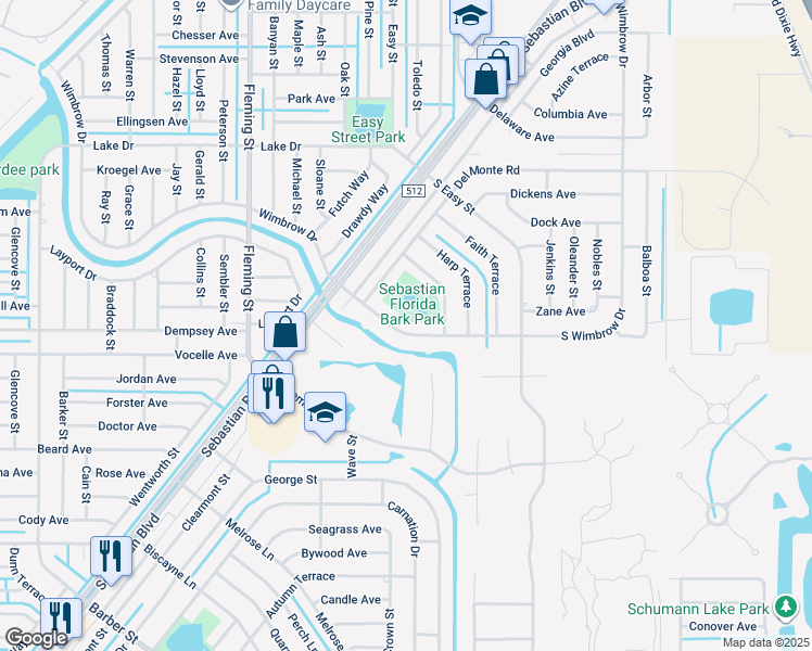 map of restaurants, bars, coffee shops, grocery stores, and more near 342 South Wimbrow Drive in Sebastian