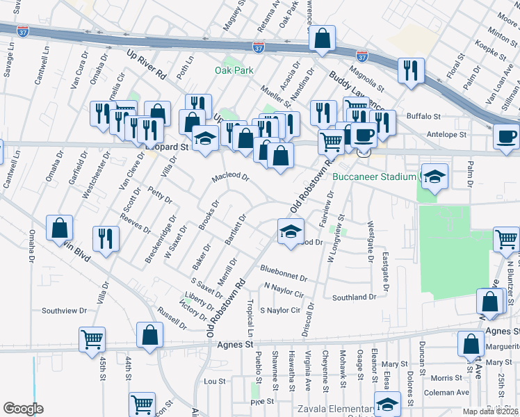 map of restaurants, bars, coffee shops, grocery stores, and more near 456 Bartlett Drive in Corpus Christi