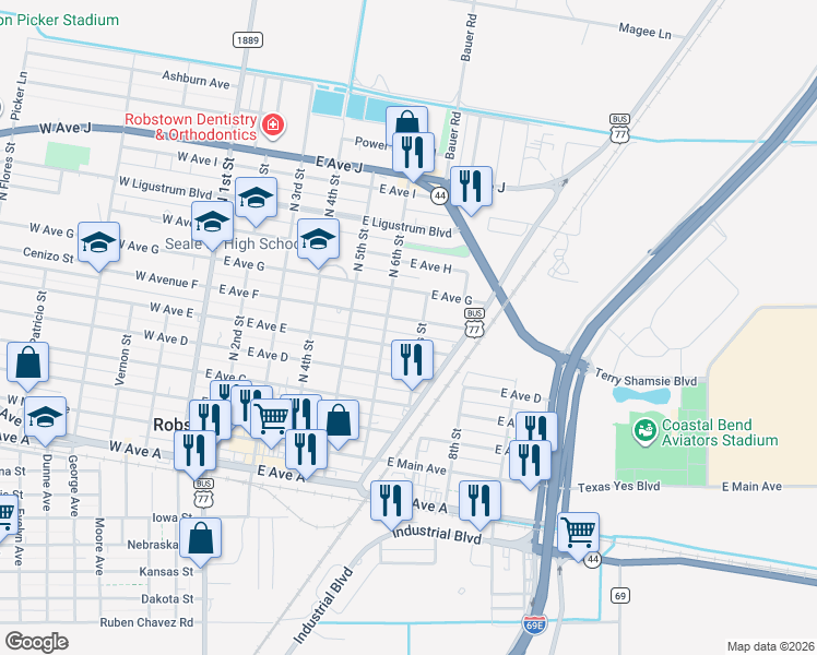 map of restaurants, bars, coffee shops, grocery stores, and more near 618 East Avenue F in Robstown
