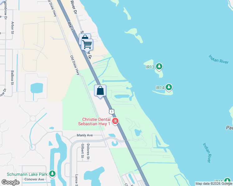 map of restaurants, bars, coffee shops, grocery stores, and more near 6370 River Run Drive in Sebastian