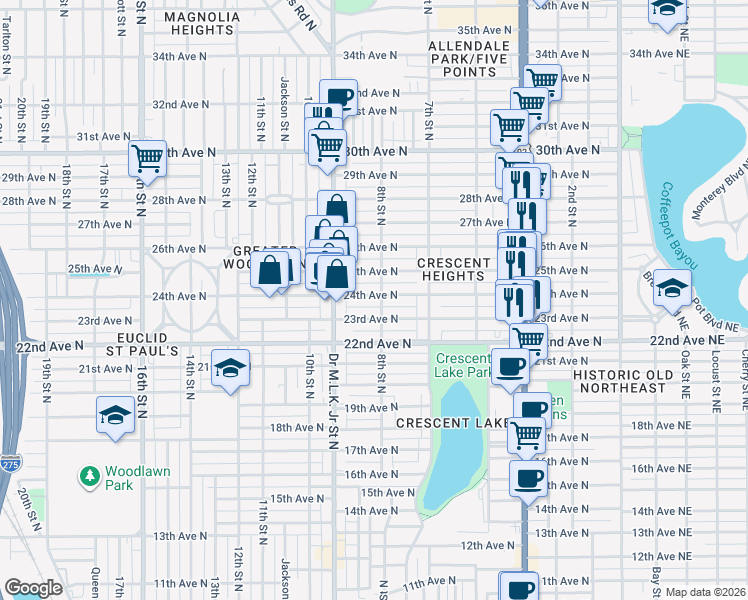 map of restaurants, bars, coffee shops, grocery stores, and more near 836 24th Avenue North in St. Petersburg