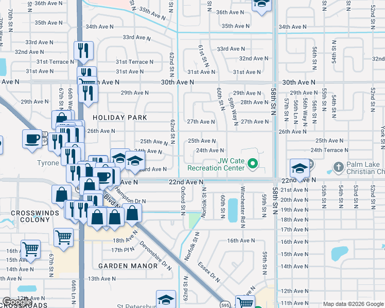 map of restaurants, bars, coffee shops, grocery stores, and more near 2325 61st Way North in St. Petersburg