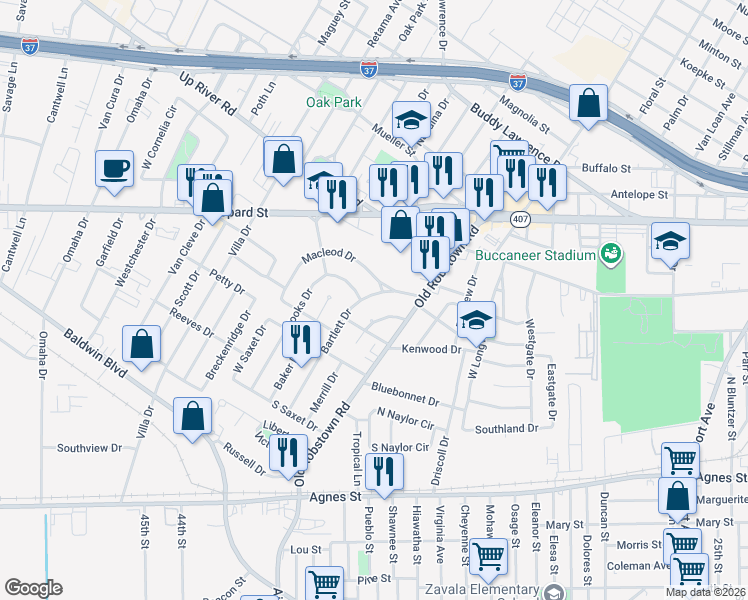 map of restaurants, bars, coffee shops, grocery stores, and more near 456 Bartlett Drive in Corpus Christi