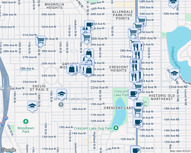 map of restaurants, bars, coffee shops, grocery stores, and more near 836 24th Avenue North in St. Petersburg