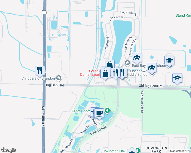map of restaurants, bars, coffee shops, grocery stores, and more near 12807 Kings Crossing Drive in Gibsonton