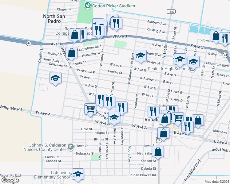 map of restaurants, bars, coffee shops, grocery stores, and more near 422 West Avenue D in Robstown