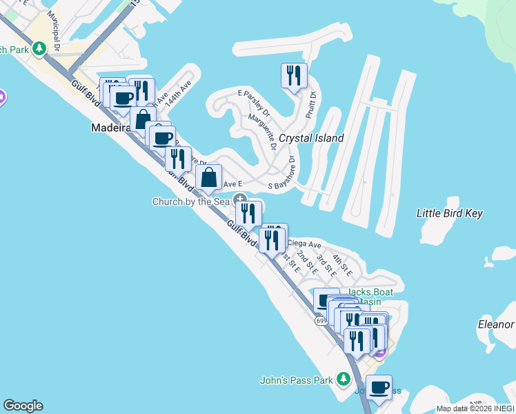 map of restaurants, bars, coffee shops, grocery stores, and more near 433 137th Avenue Circle in Madeira Beach