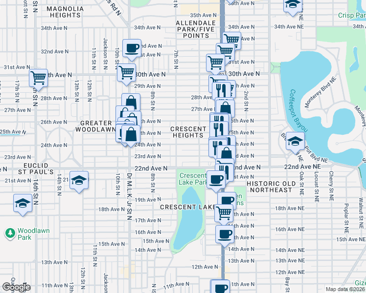 map of restaurants, bars, coffee shops, grocery stores, and more near 2319 7th Street North in St. Petersburg