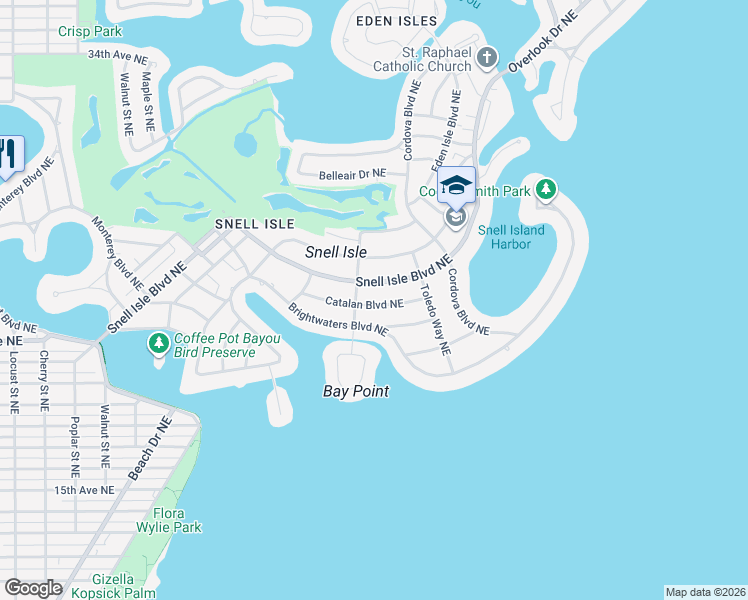 map of restaurants, bars, coffee shops, grocery stores, and more near 218 Catalan Boulevard Northeast in St. Petersburg