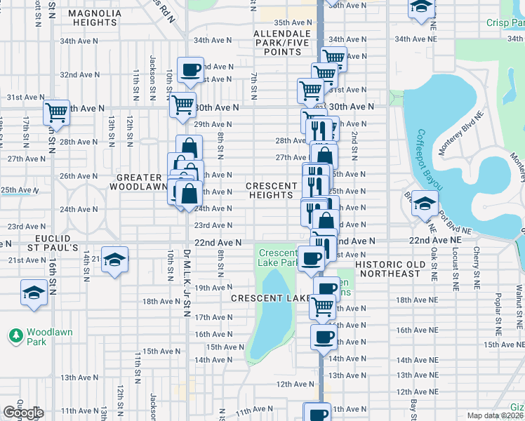 map of restaurants, bars, coffee shops, grocery stores, and more near 2319 7th Street North in St. Petersburg