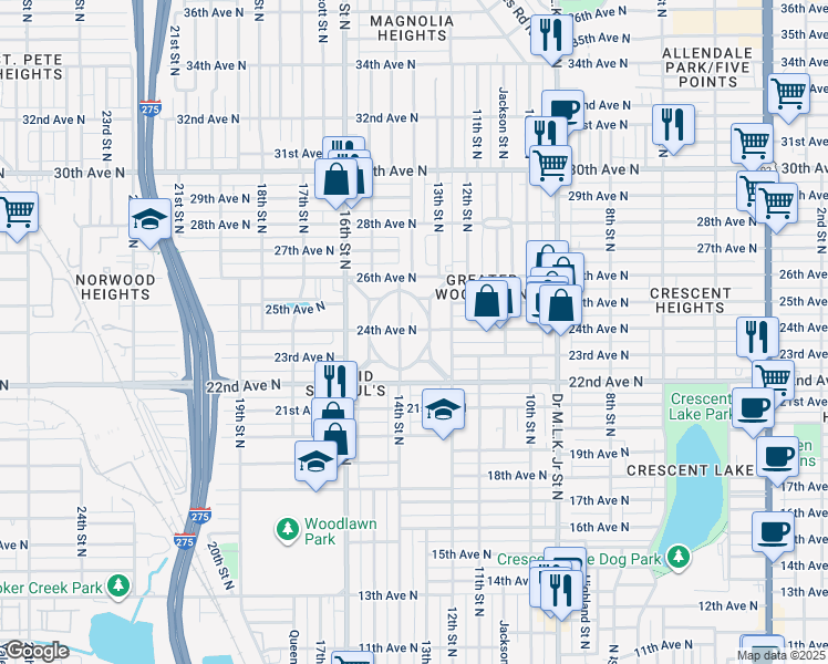 map of restaurants, bars, coffee shops, grocery stores, and more near 2346 14th Street North in St. Petersburg