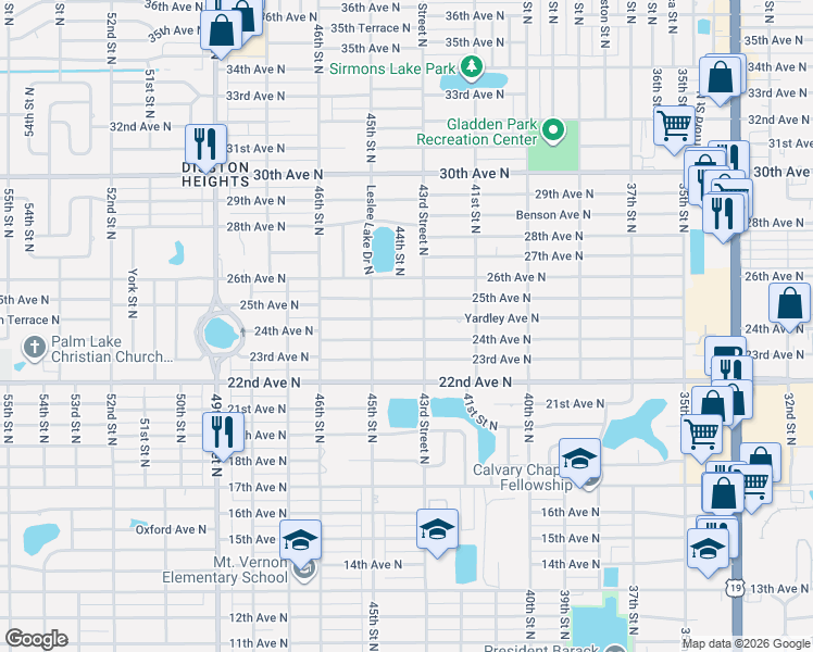 map of restaurants, bars, coffee shops, grocery stores, and more near 4301 24th Avenue North in St. Petersburg
