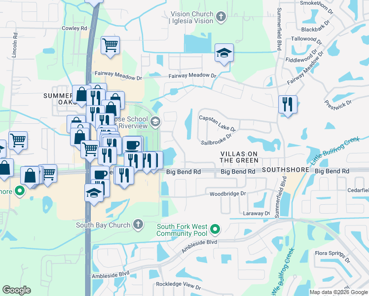 map of restaurants, bars, coffee shops, grocery stores, and more near 13128 Fennway Ridge Drive in Riverview