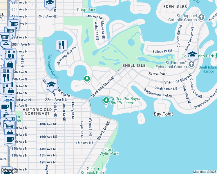 map of restaurants, bars, coffee shops, grocery stores, and more near 105 Estado Way Northeast in St. Petersburg