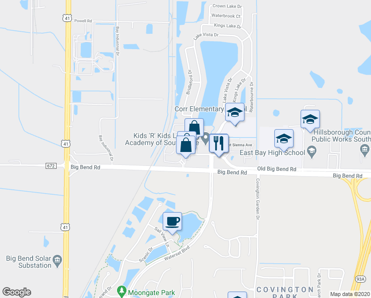 map of restaurants, bars, coffee shops, grocery stores, and more near 13123 Kings Lake Drive in Gibsonton