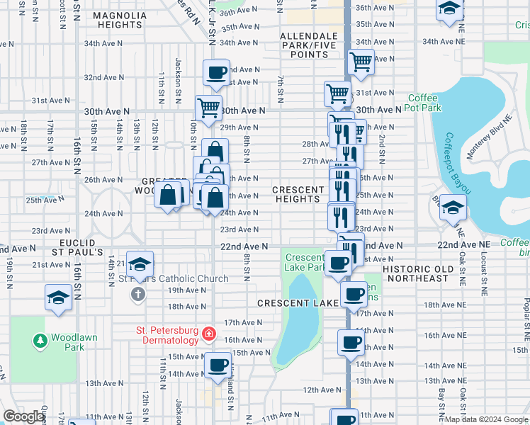 map of restaurants, bars, coffee shops, grocery stores, and more near 760 24th Avenue North in St. Petersburg