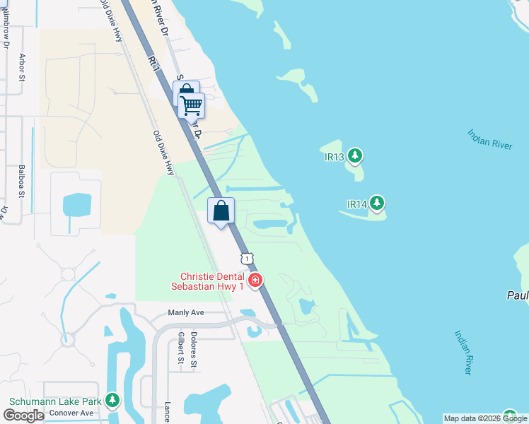 map of restaurants, bars, coffee shops, grocery stores, and more near 6240 River Run Drive in Sebastian