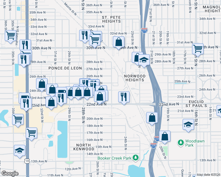 map of restaurants, bars, coffee shops, grocery stores, and more near 2534 24th Avenue North in St. Petersburg