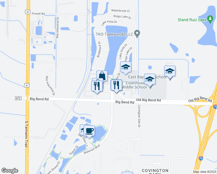 map of restaurants, bars, coffee shops, grocery stores, and more near 13151 Kings Lake Drive in Gibsonton