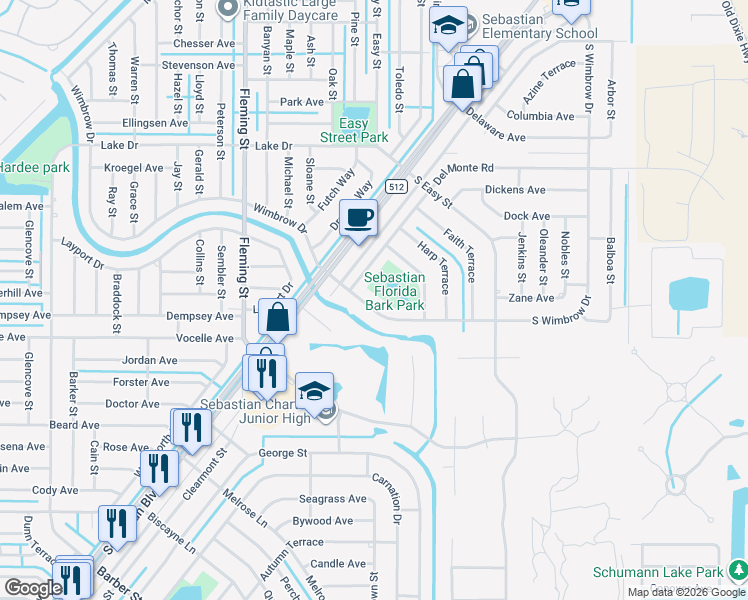 map of restaurants, bars, coffee shops, grocery stores, and more near 366 South Wimbrow Drive in Sebastian