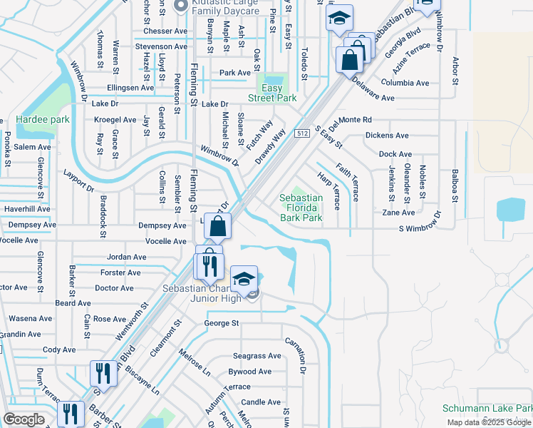 map of restaurants, bars, coffee shops, grocery stores, and more near 730 Commerce Center Drive in Sebastian
