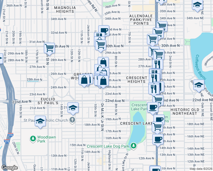 map of restaurants, bars, coffee shops, grocery stores, and more near 836 24th Avenue North in St. Petersburg