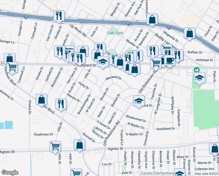map of restaurants, bars, coffee shops, grocery stores, and more near 410 Brooks Drive in Corpus Christi