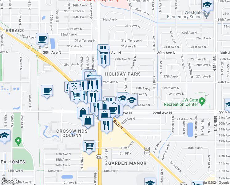 map of restaurants, bars, coffee shops, grocery stores, and more near 2434 65th St N in St Petersburg