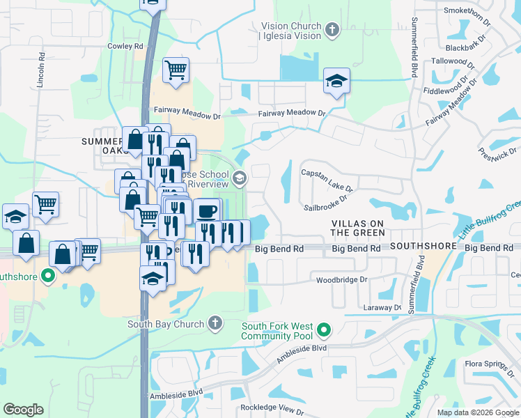 map of restaurants, bars, coffee shops, grocery stores, and more near 10813 Wrigley Court in Riverview