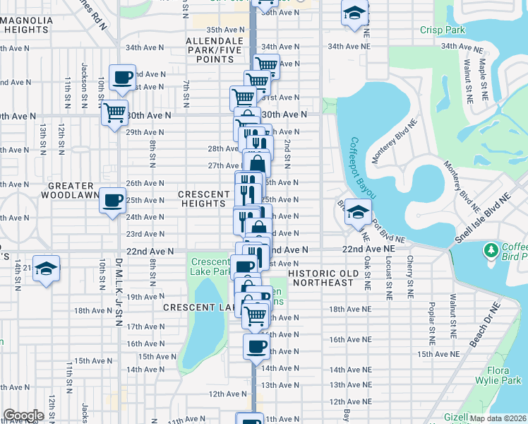 map of restaurants, bars, coffee shops, grocery stores, and more near 320 24th Avenue North in St. Petersburg