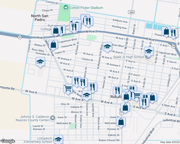 map of restaurants, bars, coffee shops, grocery stores, and more near 422 West Avenue D in Robstown