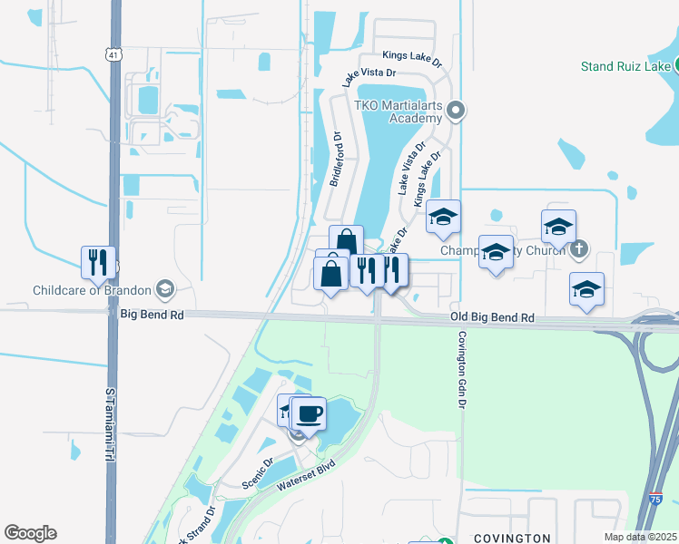 map of restaurants, bars, coffee shops, grocery stores, and more near 13123 Kings Lake Drive in Gibsonton