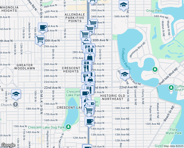 map of restaurants, bars, coffee shops, grocery stores, and more near 320 24th Avenue North in St. Petersburg