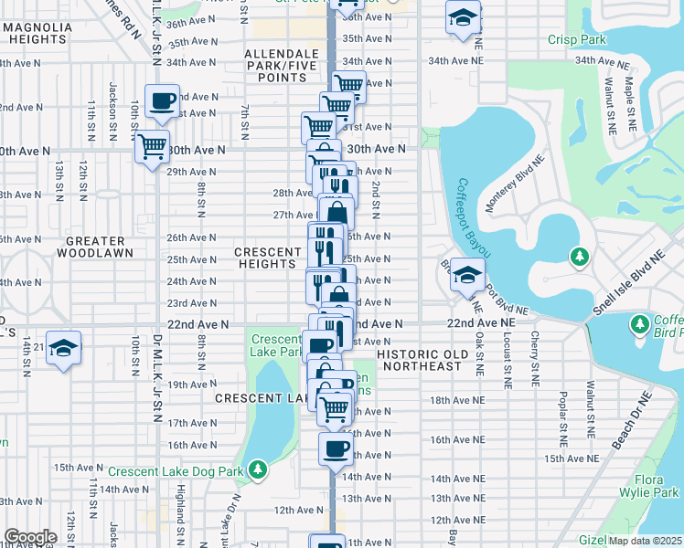 map of restaurants, bars, coffee shops, grocery stores, and more near 320 24th Avenue North in St. Petersburg