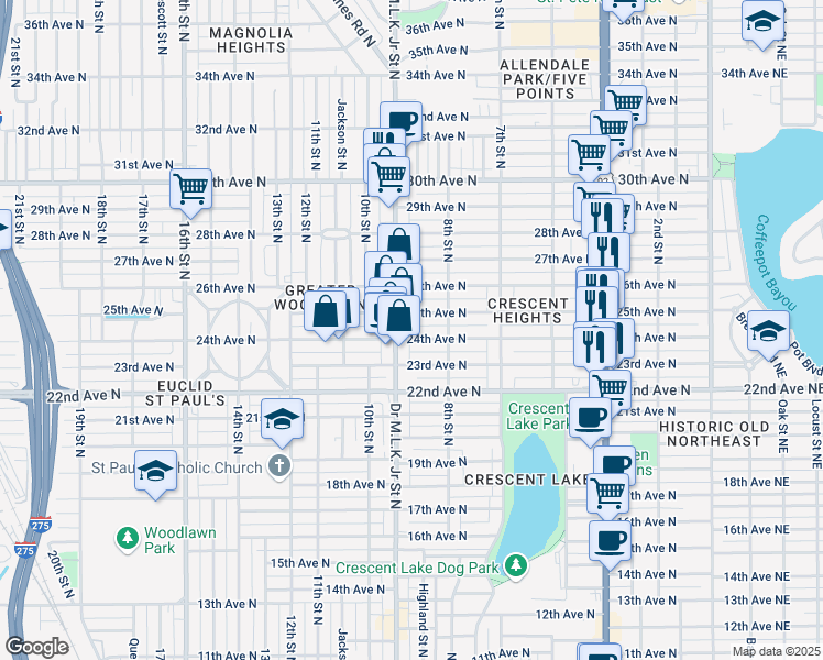 map of restaurants, bars, coffee shops, grocery stores, and more near 836 24th Avenue North in St. Petersburg