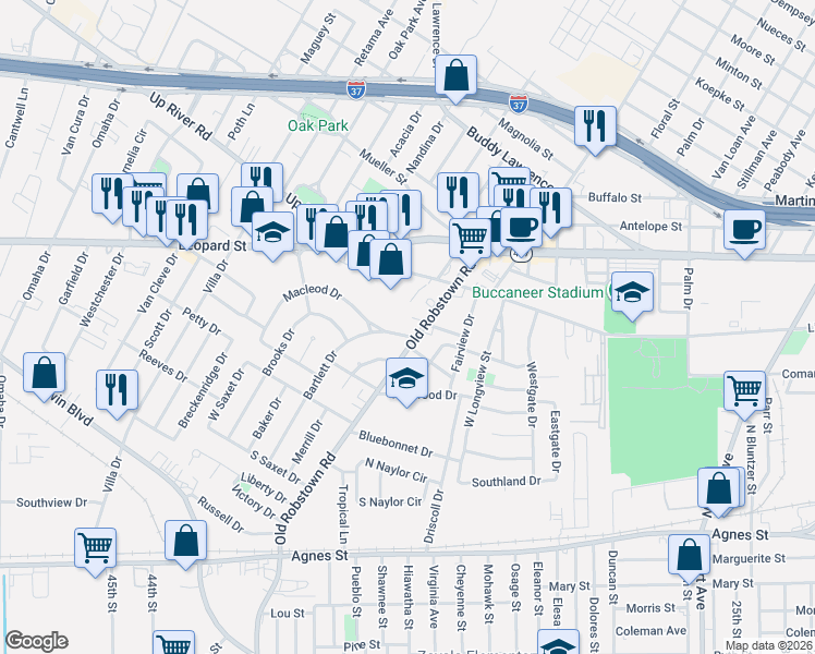 map of restaurants, bars, coffee shops, grocery stores, and more near 3602 Sobey Drive in Corpus Christi