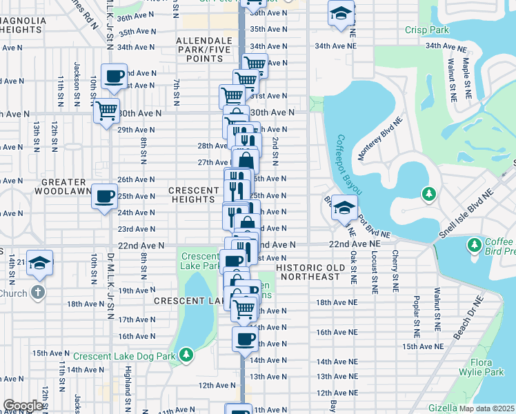 map of restaurants, bars, coffee shops, grocery stores, and more near 2301 4th Street North in St. Petersburg